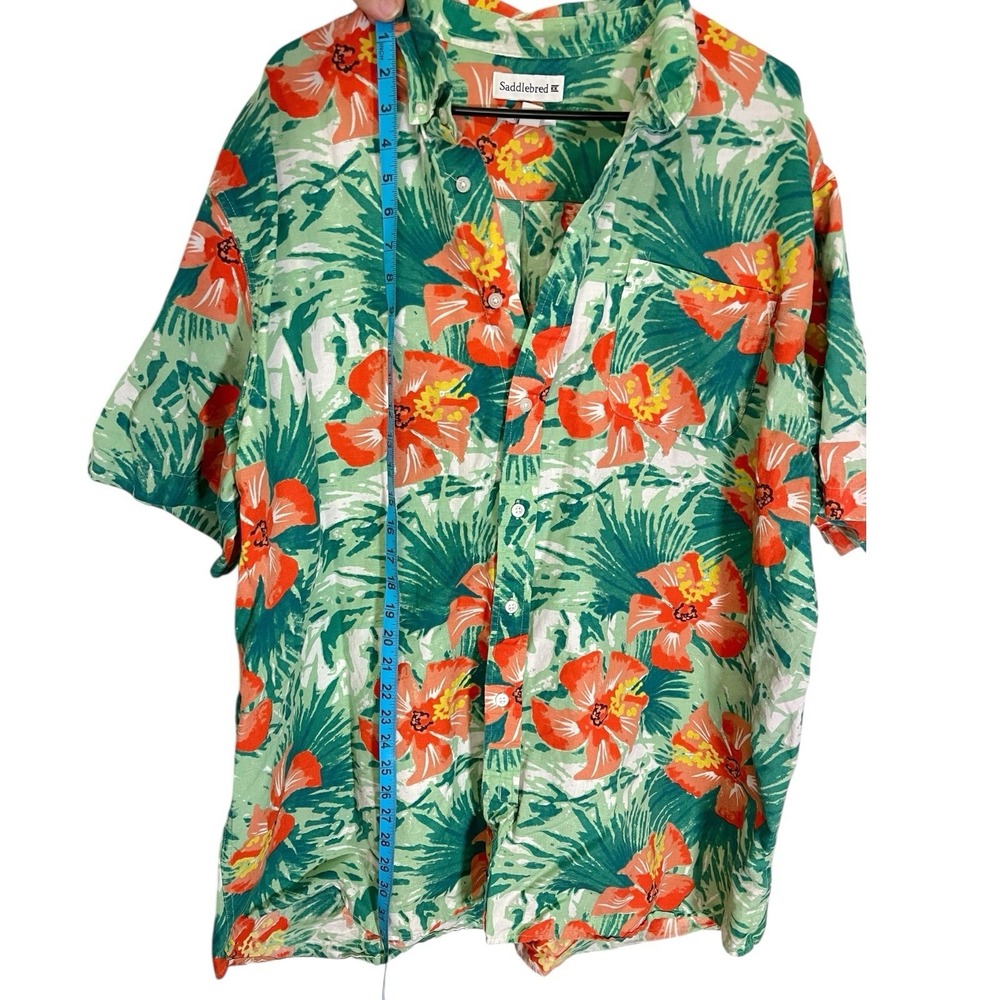 Saddlebred XXLT Green Orange Floral Hawaiian Shirt Cotton Linen Tropical Beach - Picture 2 of 7